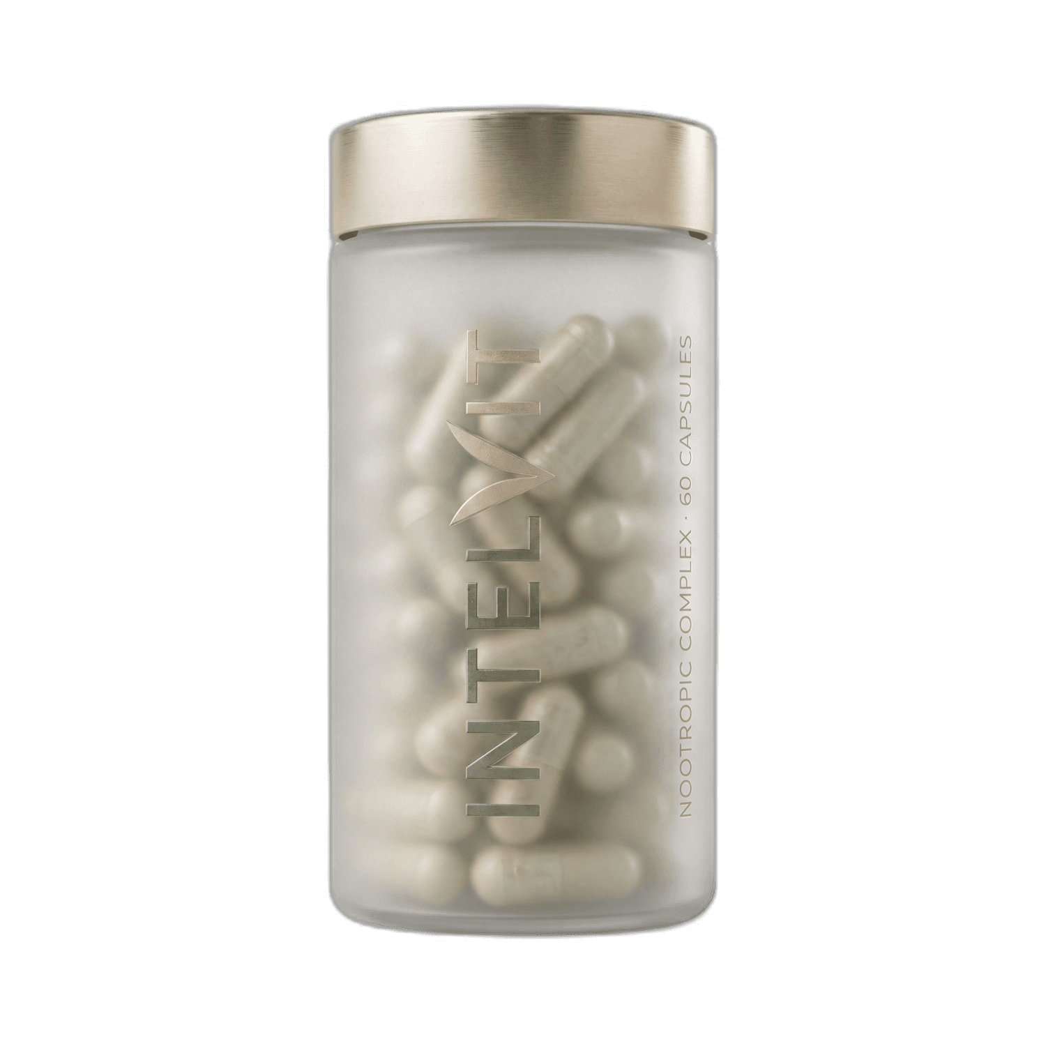 IntelVit Daily bottle — frosted-glass cylinder, bronze cap, 60 capsules visible inside.
