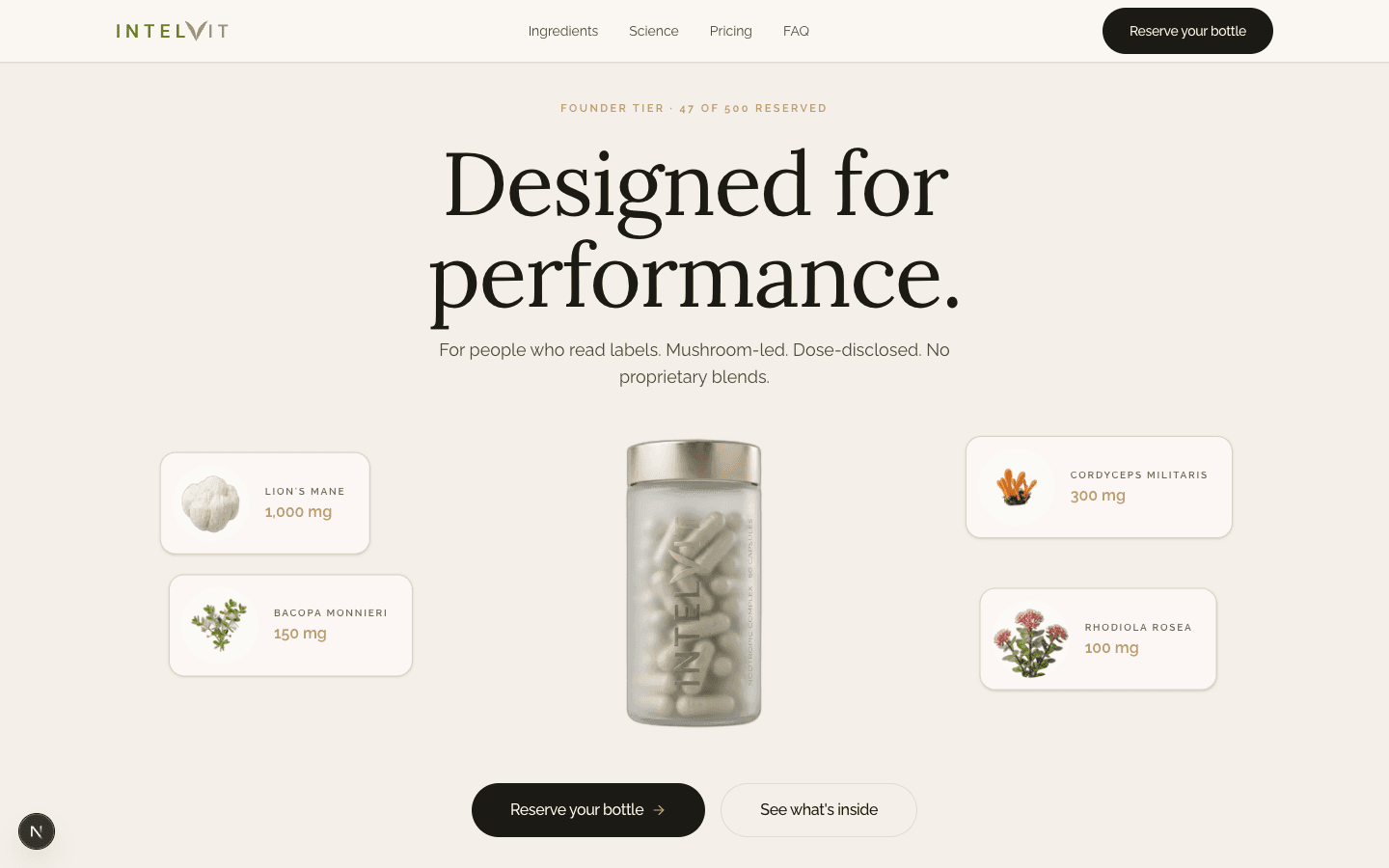 IntelVit hero: a frosted-glass bottle centered between four floating ingredient cards (Lion's Mane, Cordyceps, Bacopa, Rhodiola) under the headline 'Designed for performance.' on a warm cream background.
