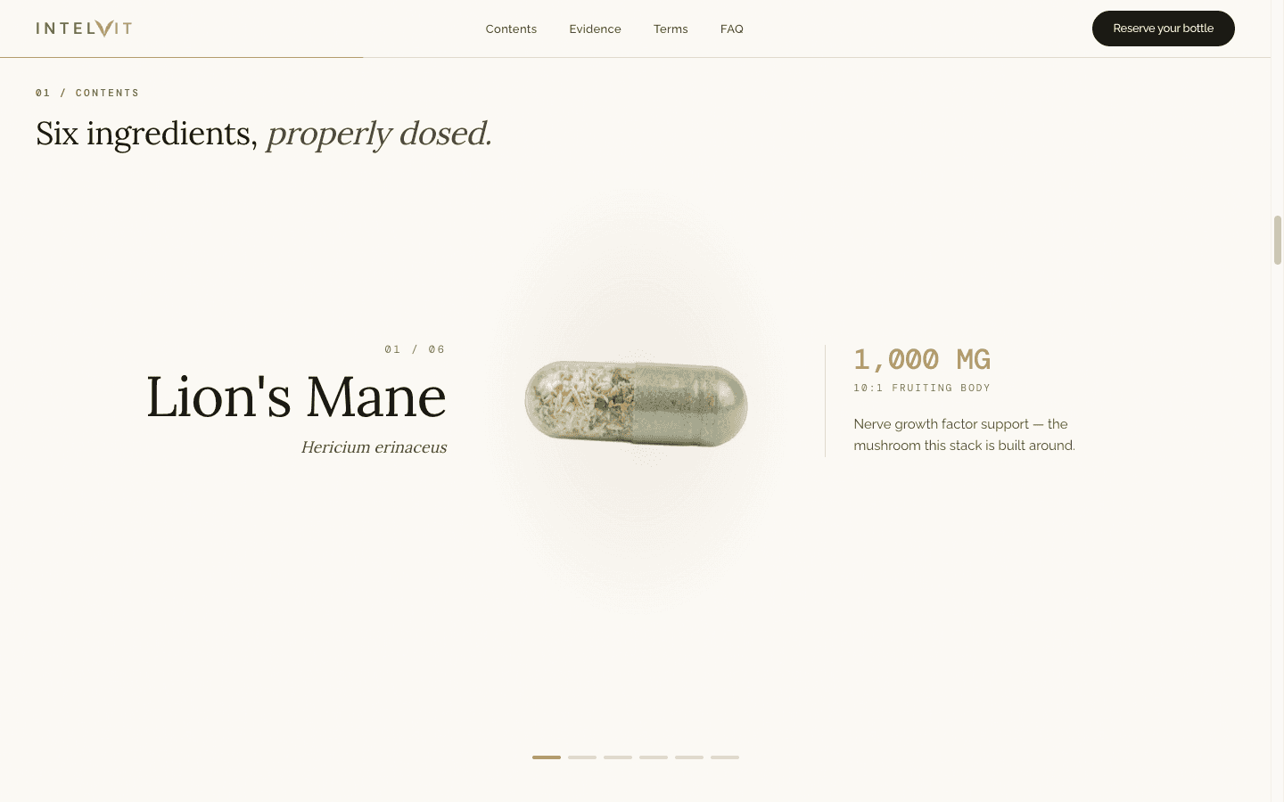 IntelVit contents chapter: eyebrow '01 / Contents' above the serif headline 'Six ingredients, properly dosed.', with chapter 01 of 06 showing Lion's Mane, its binomial Hericium erinaceus, a green capsule photograph, and '1,000 MG · 10:1 fruiting body' in bronze mono type.