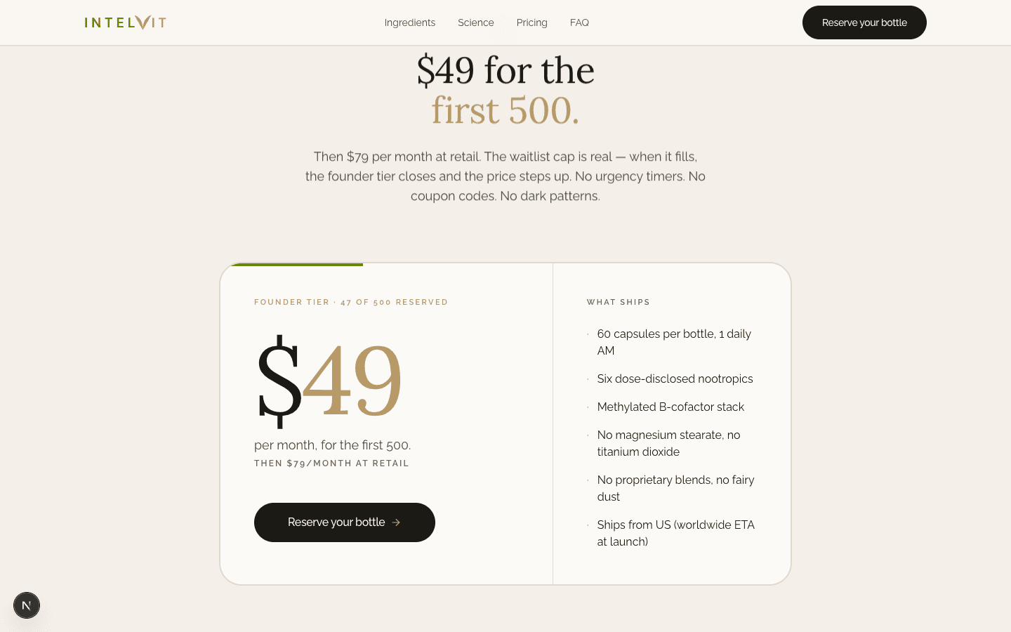 IntelVit pricing section: '$49 for the first 500.' headline with transparent retail-tier copy below and a pricing card showing the founder tier $49 number, a 47-of-500 reserved counter, and the 'what ships' bullet list.