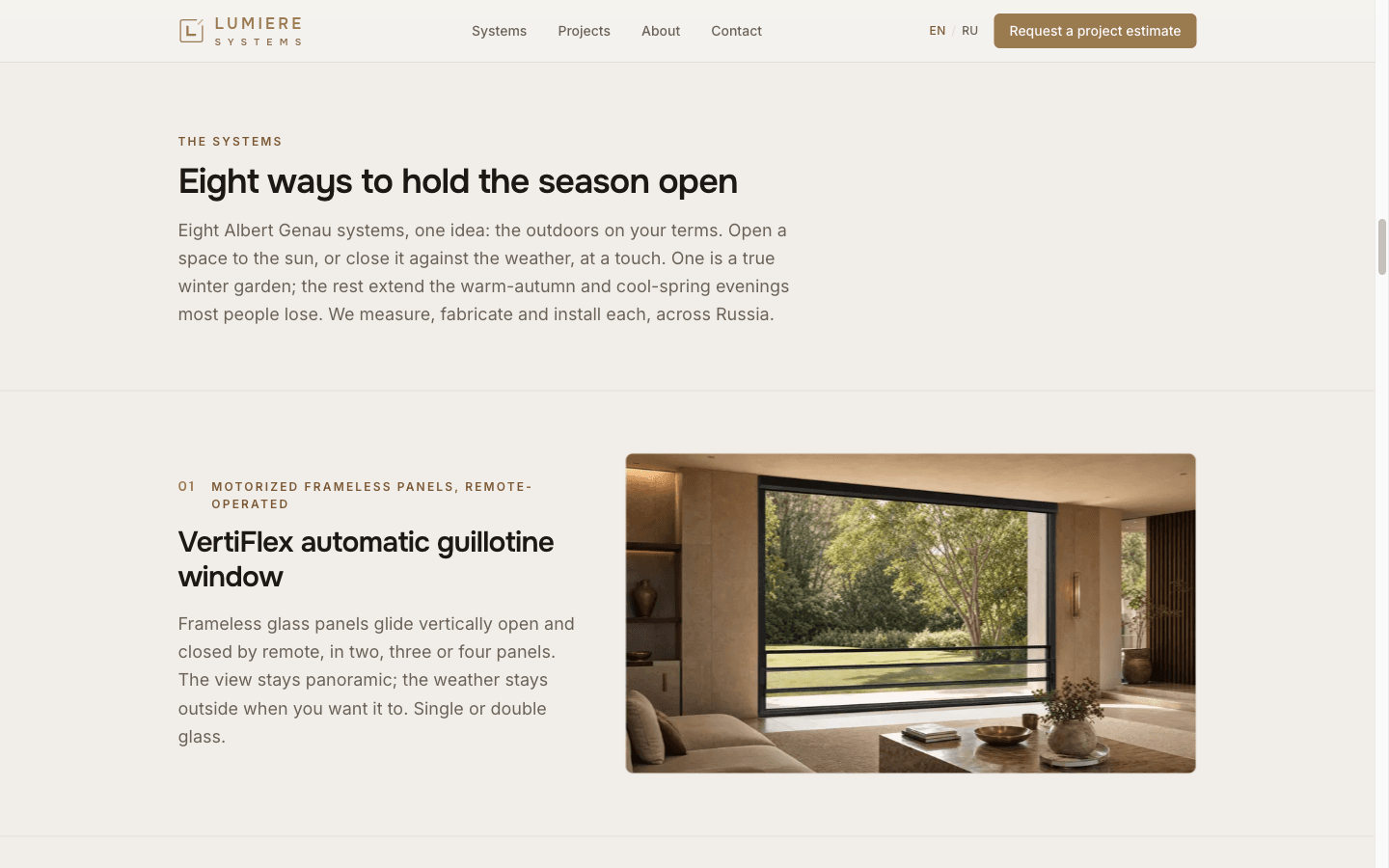 Lumiere Systems range section: brass eyebrow 'The Systems', headline 'Eight ways to hold the season open', and the first row, 01 VertiFlex automatic guillotine window, with a brass index numeral, a description, and a photo of a wide glass wall opening onto a garden.