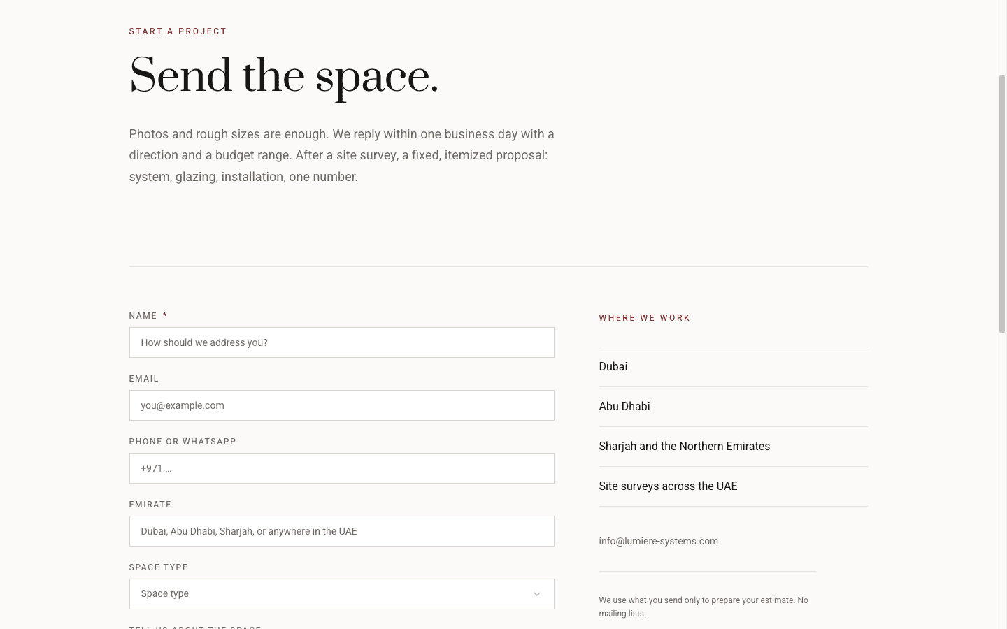 Lumiere UAE contact page: an oxide eyebrow reading 'Start a project', a large serif headline 'Send the space.', a paragraph promising a reply within one business day and a fixed itemised proposal, the enquiry form with name, email, phone, emirate and space-type fields, and a 'Where we work' list covering Dubai, Abu Dhabi and the Northern Emirates.