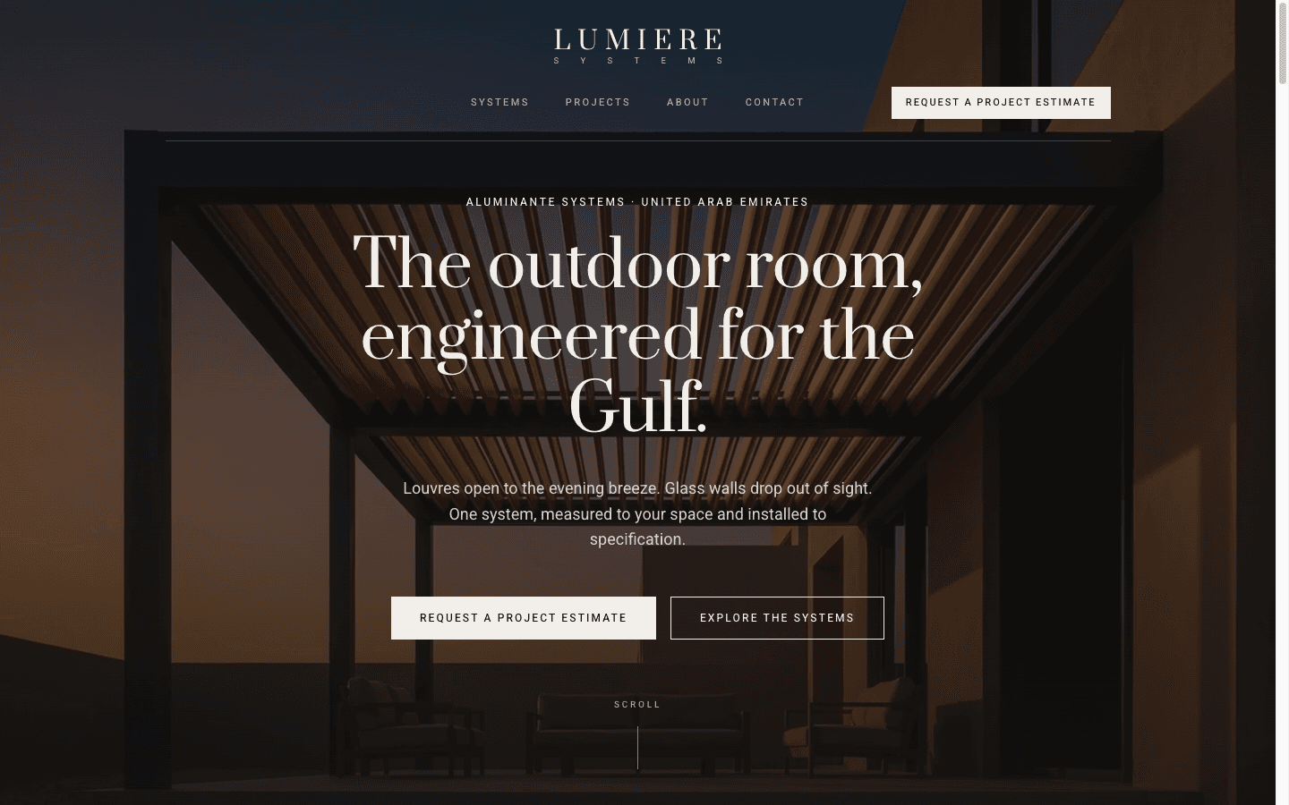 Lumiere UAE hero: a dusk photograph of a louvred pergola over a terrace under a deepened scrim, the two-tier LUMIERE over SYSTEMS wordmark centred above the navigation, an eyebrow reading 'Aluminante systems · United Arab Emirates', a serif headline 'The outdoor room, engineered for the Gulf.', and two square-cornered buttons.