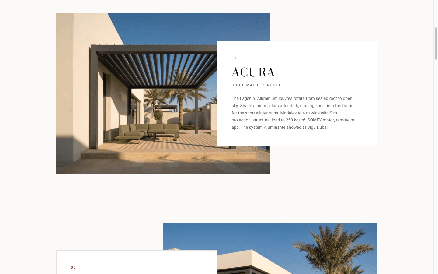 Lumiere UAE systems page: a photograph of an ACURA louvred pergola over a villa terrace, with a hard-edged white card lapped over its right side carrying an oxide 01 numeral, ACURA set large in a serif, the label 'Bioclimatic pergola', and a paragraph of manufacturer specifications.