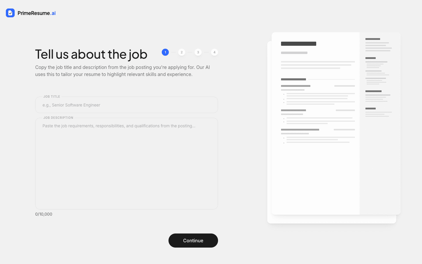 PrimeResume.ai intake step: a 'Tell us about the job' form with job title and description fields, step indicators 1 through 4, and a skeleton resume preview alongside.
