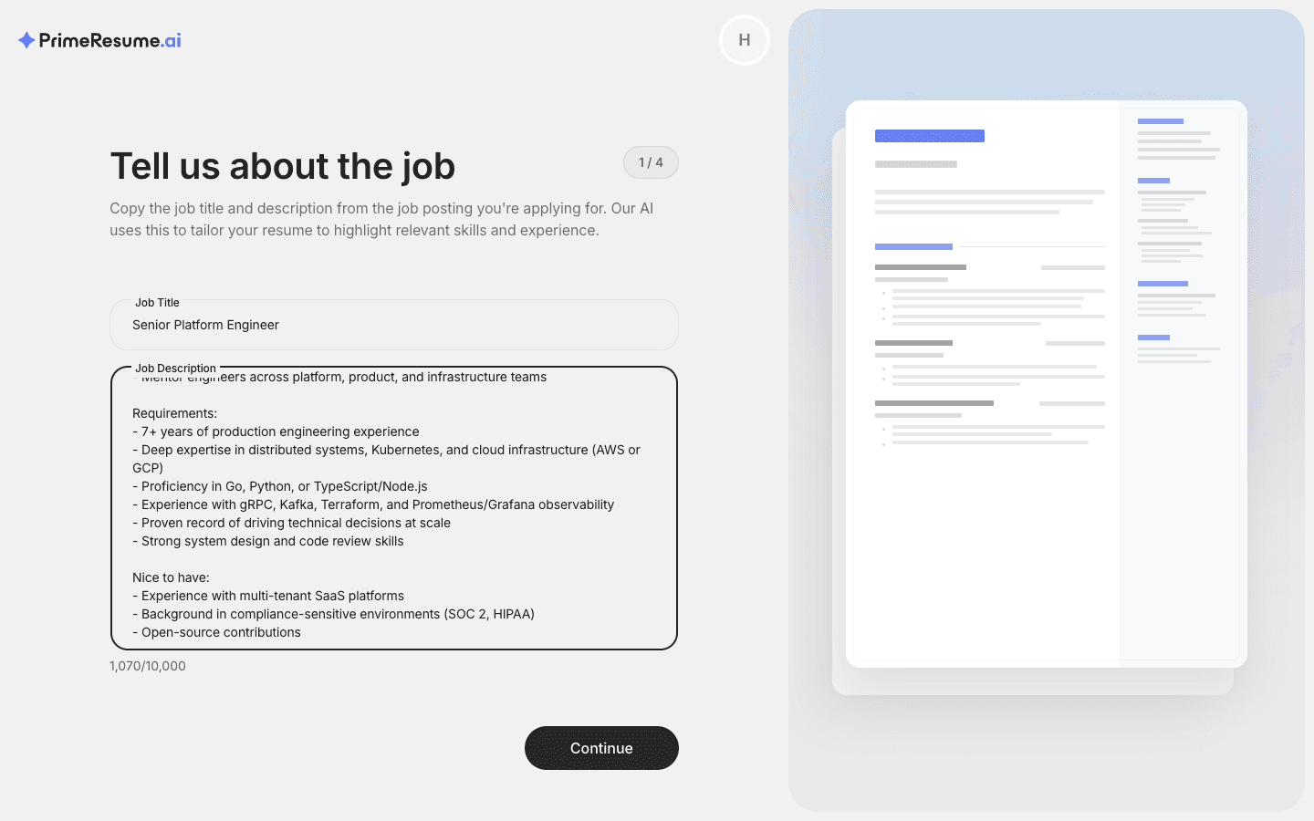 PrimeResume.ai step 1: a clean web form prompts the candidate to paste a job title and description, with a blurred resume preview alongside.
