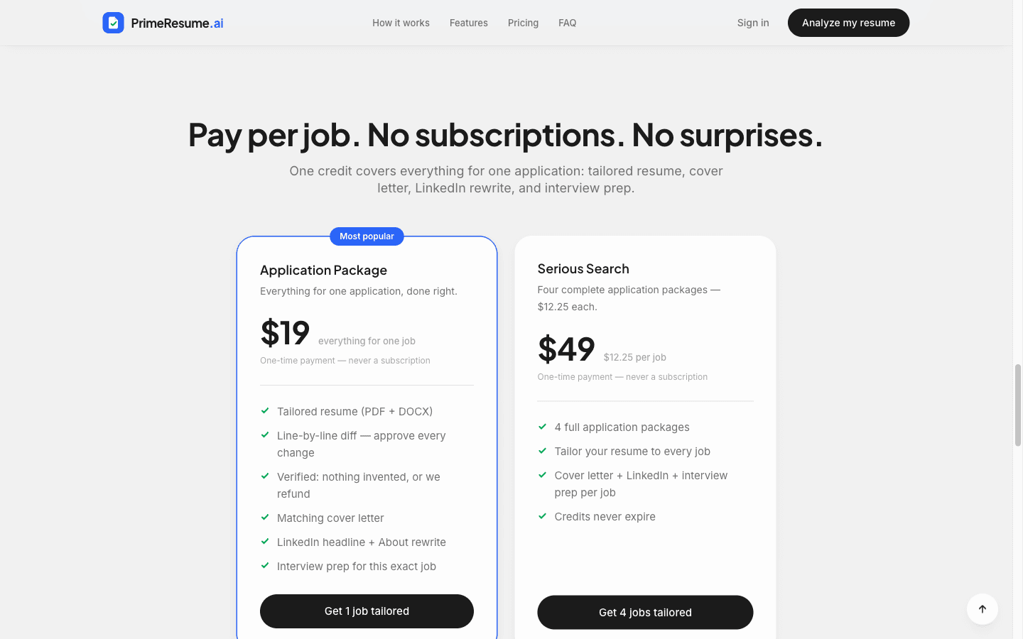 PrimeResume.ai pricing: 'Pay per job. No subscriptions. No surprises.' above two cards, a $19 Application Package marked Most popular and a $49 Serious Search bundle, each listing the full application package contents.